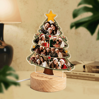 Custom Christmas Tree Photo Collage Night Light - Personalized Family Acrylic LED Lamp with Engraved Round Beech Wood Base