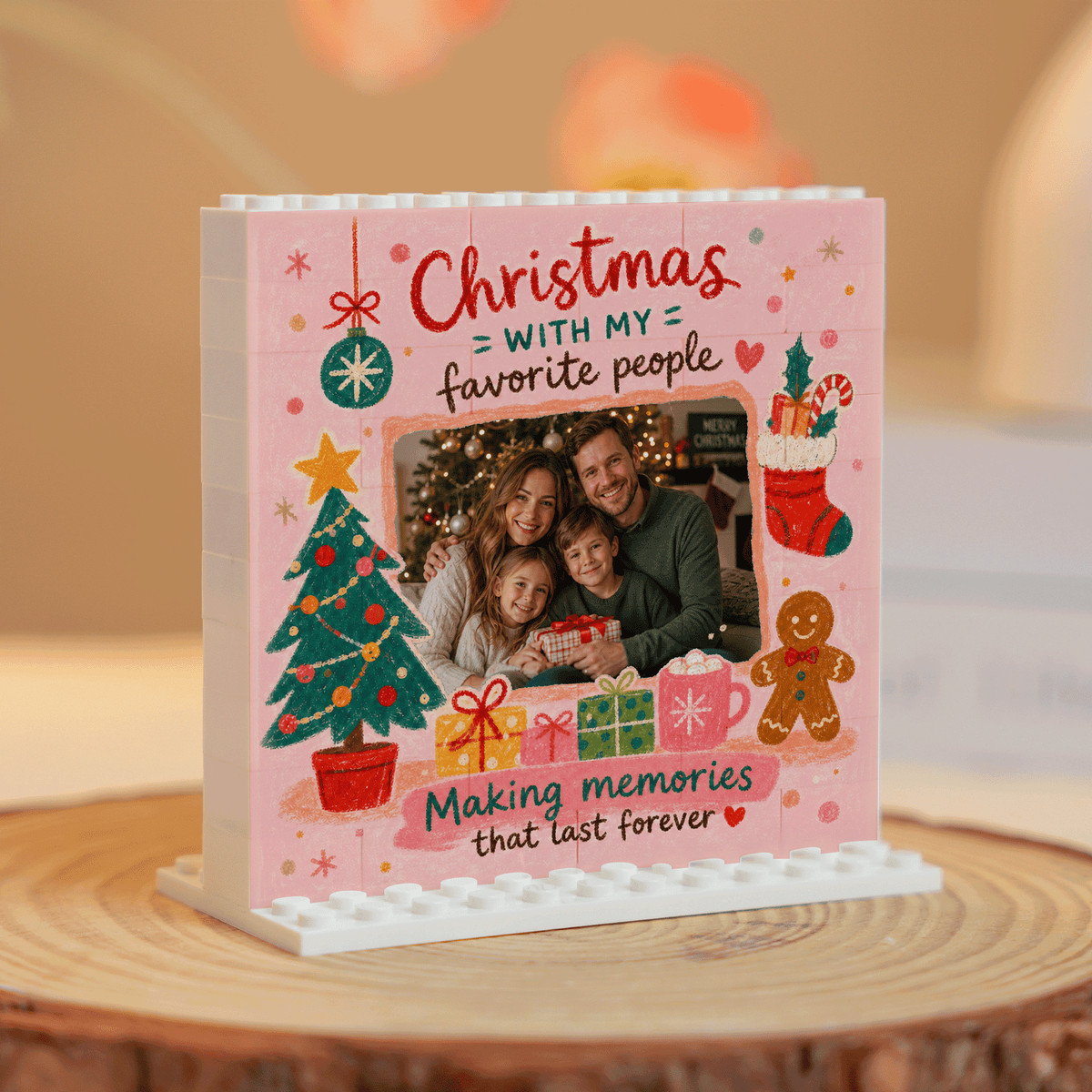 Personalized Photo Christmas Building Block in Soft Pink, Custom Family Picture Gingerbread Man & Holiday Stocking Brick Puzzle Keepsake Decor, Festive Holiday Desk Gift