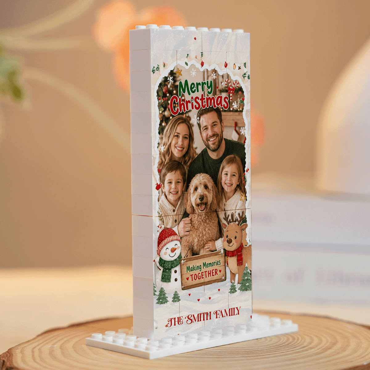 Personalized Photo Christmas Building Block in Light Blue & Off-White, Custom Family Picture Snowman & Reindeer Brick Puzzle Keepsake Decor, Festive Holiday Desk Gift