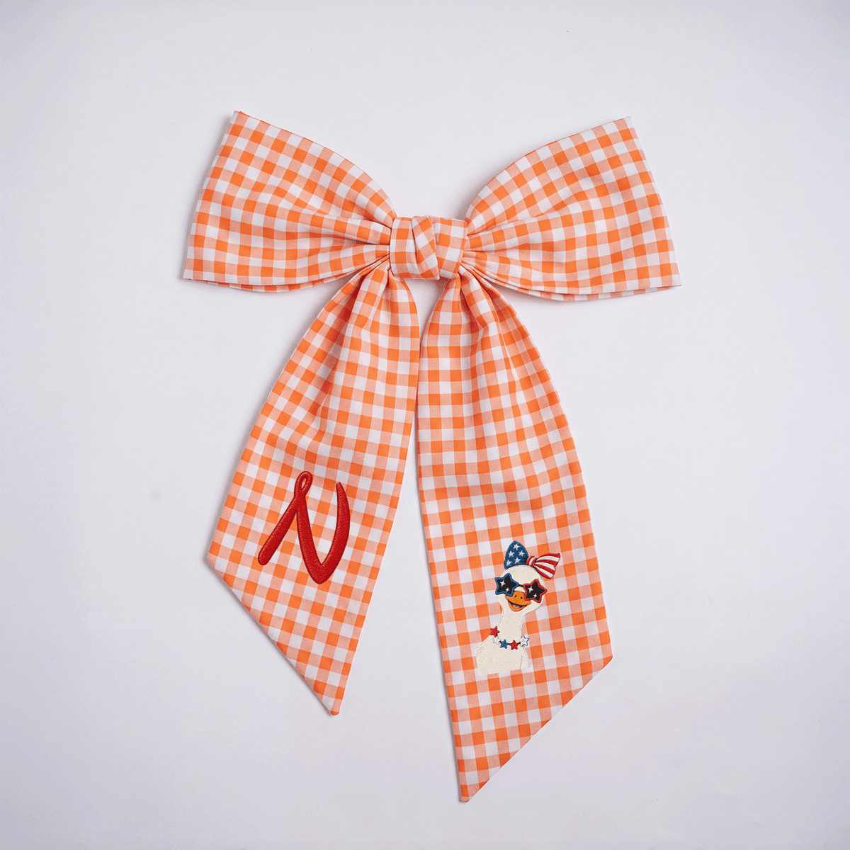 Custom Monogram Patriotic Goose Embroidered Linen Door Wreath Sash, Personalized Initial Bow Goose Gingham Holiday Wreath Sash & Front Door Decor
