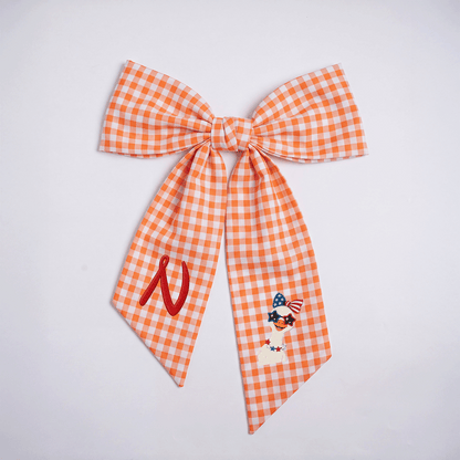Custom Monogram Patriotic Goose Embroidered Linen Door Wreath Sash, Personalized Initial Bow Goose Gingham Holiday Wreath Sash & Front Door Decor