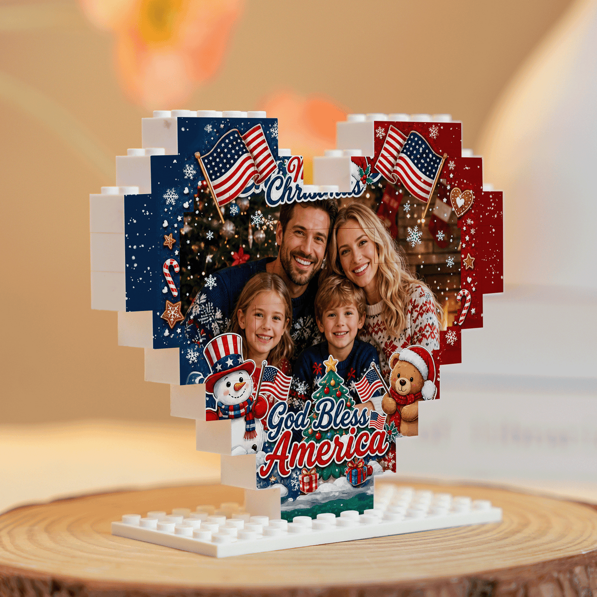 Personalized Photo Heart Building Block in Navy Blue, Red & White, Custom Family Picture Patriotic God Bless America Xmas Brick Puzzle Keepsake Decor, Festive Christmas Desk Gift