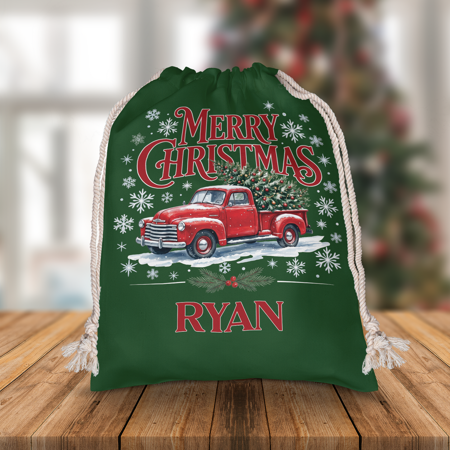 Personalized Merry Christmas Vintage Truck Christmas Sack with Custom Name