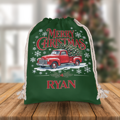 Personalized Merry Christmas Vintage Truck Christmas Sack with Custom Name