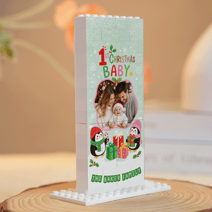Personalized Photo Christmas Building Block in Mint Green, Custom Baby First Christmas Photo Cute Penguins & Wrapped Gifts Brick Puzzle Keepsake Decor, Holiday Gift for New Parents