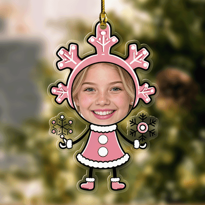 Pink snowflake acrylic ornament with a custom girl face photo and snowflakes in her hands