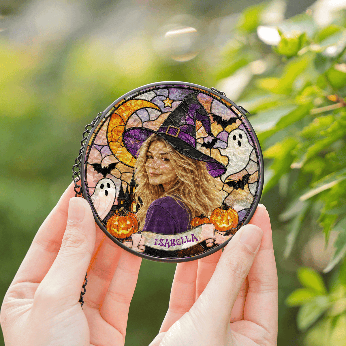 Personalized Halloween Witch Custom Photo Ghost Pumpkin Stained Glass Suncatcher Window Hanging Custom Name Home Wall Decor