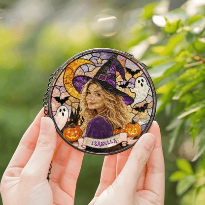 Personalized Halloween Witch Custom Photo Ghost Pumpkin Stained Glass Suncatcher Window Hanging Custom Name Home Wall Decor