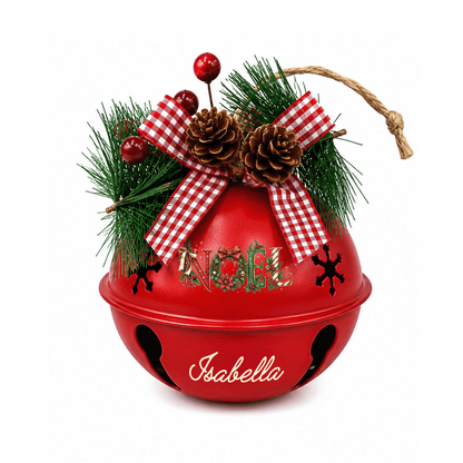 Personalized NOEL Floral White Jingle Bell Ornament, Custom Name Festive Wreath Christmas Tree Decor, Rustic Metal Bell with Bow & Pinecone Accents