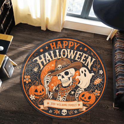 Personalized Happy Halloween Cowboy Skeleton Ghost Round Rug Custom Family Name Home Decor Floor Mat