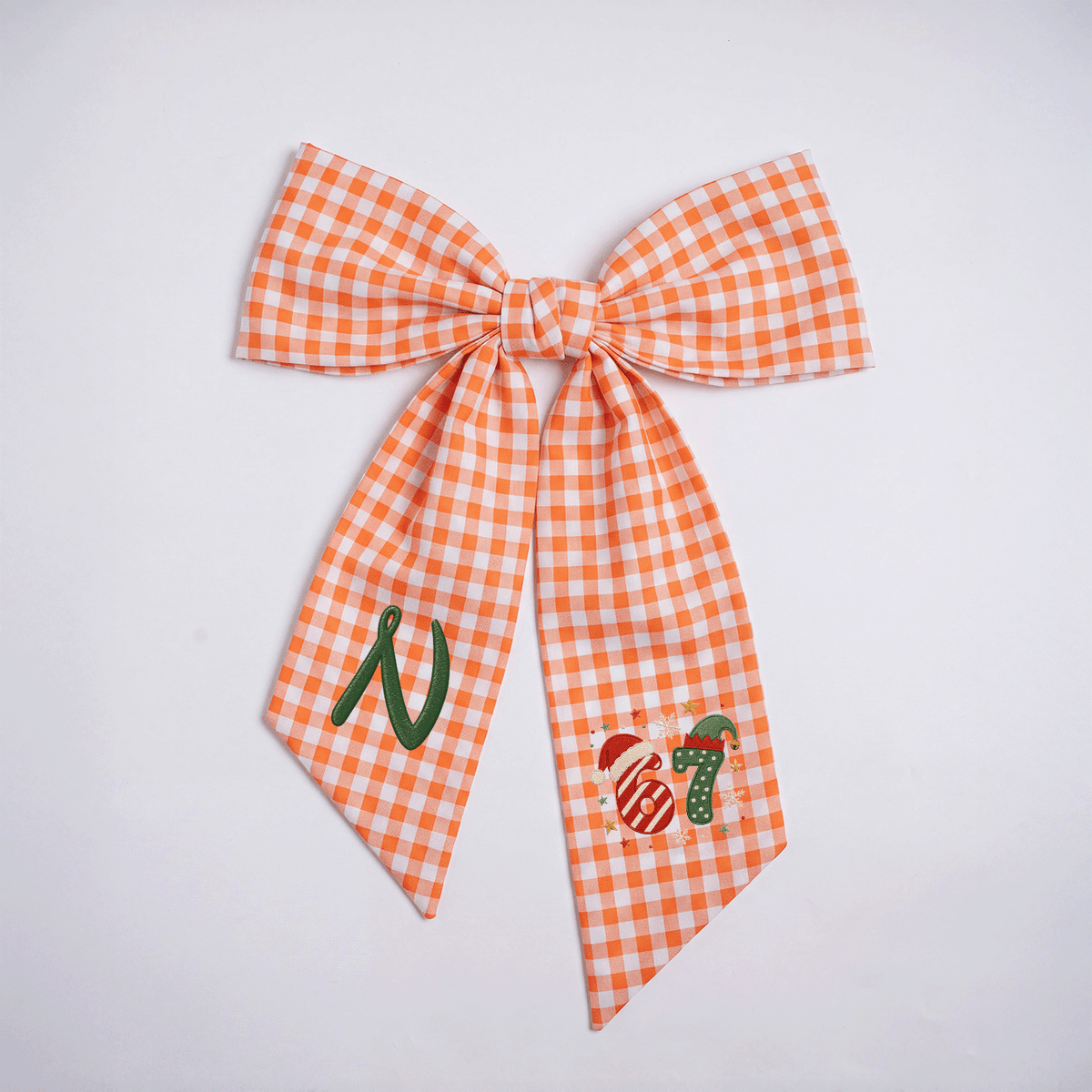 Custom Monogram Christmas 67 Santa Elf Hat Embroidered Linen Door Wreath Sash, Personalized Wreath Sash & Front Door Decor