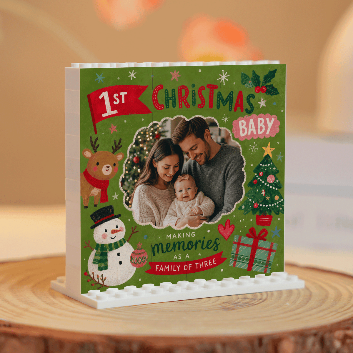 Personalized Photo Christmas Building Block in Forest Green, Custom Baby First Christmas Photo Cute Reindeer Snowman & Family of Three Brick Puzzle Keepsake Decor, Holiday Gift for New Parents