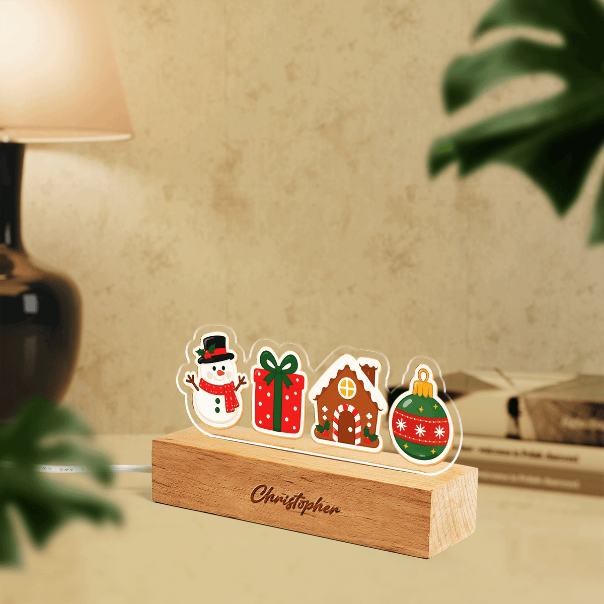 Custom Christmas icons acrylic night light with name engraved on wood base