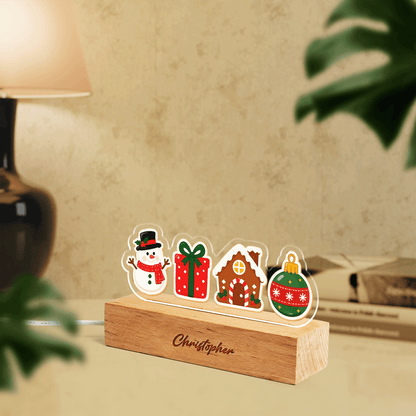 Custom Christmas icons acrylic night light with name engraved on wood base