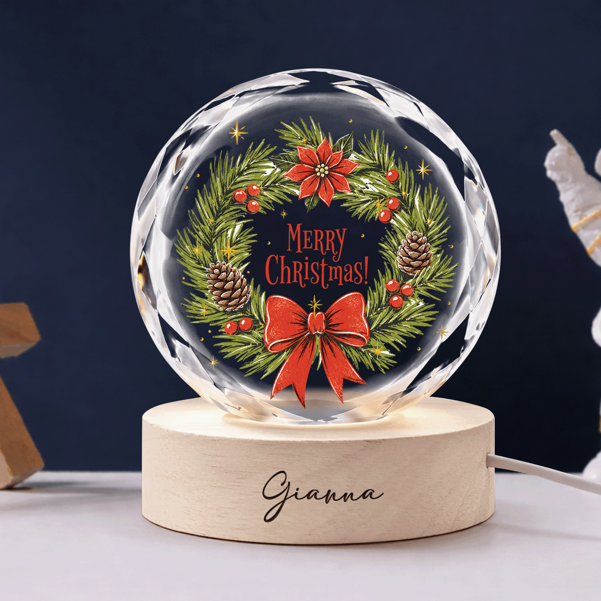 Custom Merry Christmas Pine Wreath Poinsettia 3D Laser Engraved Crystal Ball with LED Wooden Standee, Personalized Name Holiday Night Light Keepsake