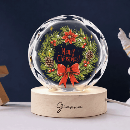 Custom Merry Christmas Pine Wreath Poinsettia 3D Laser Engraved Crystal Ball with LED Wooden Standee, Personalized Name Holiday Night Light Keepsake