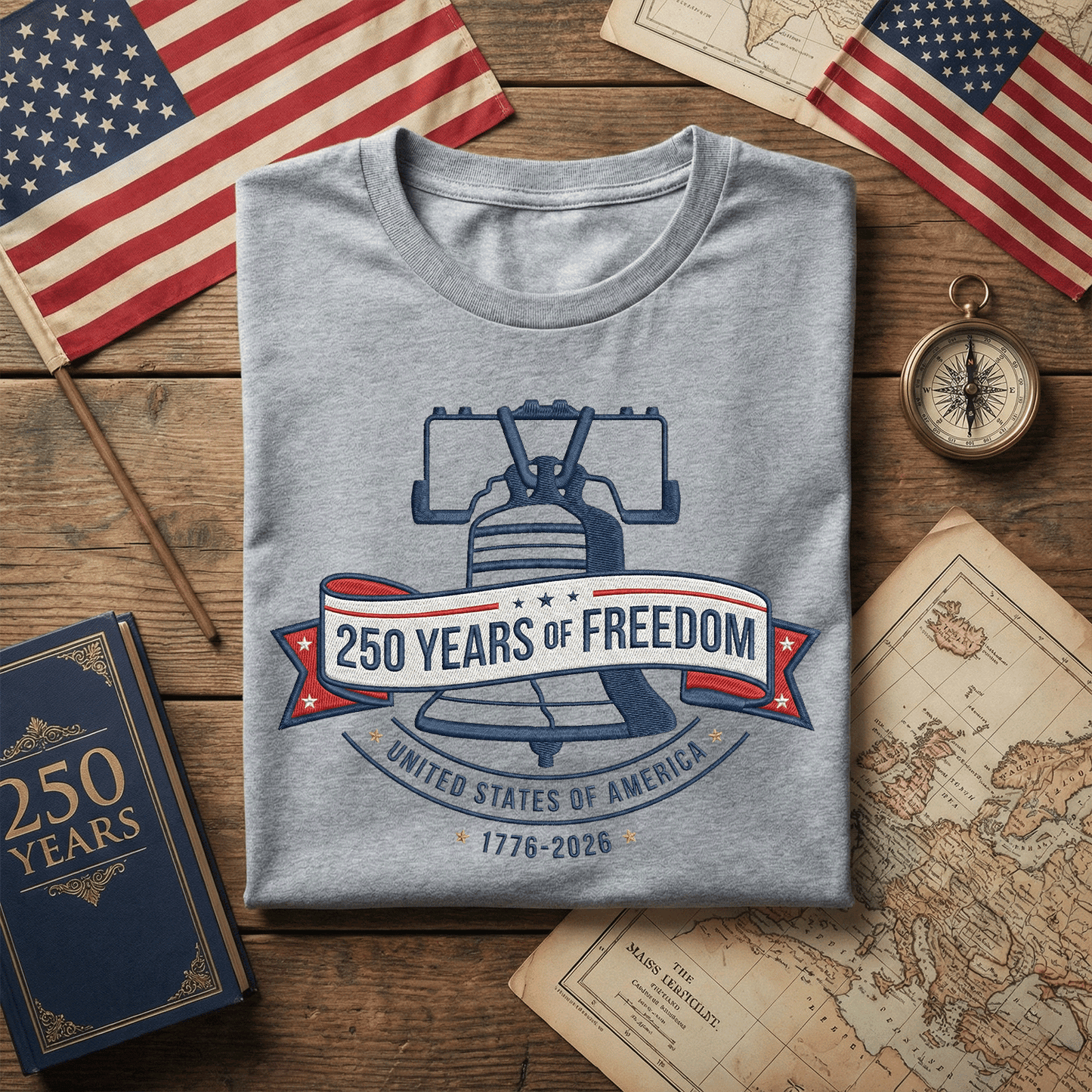 USA 1776-2026 Liberty Bell Patriotic Embroidered T-Shirt 250th Anniversary Shirt