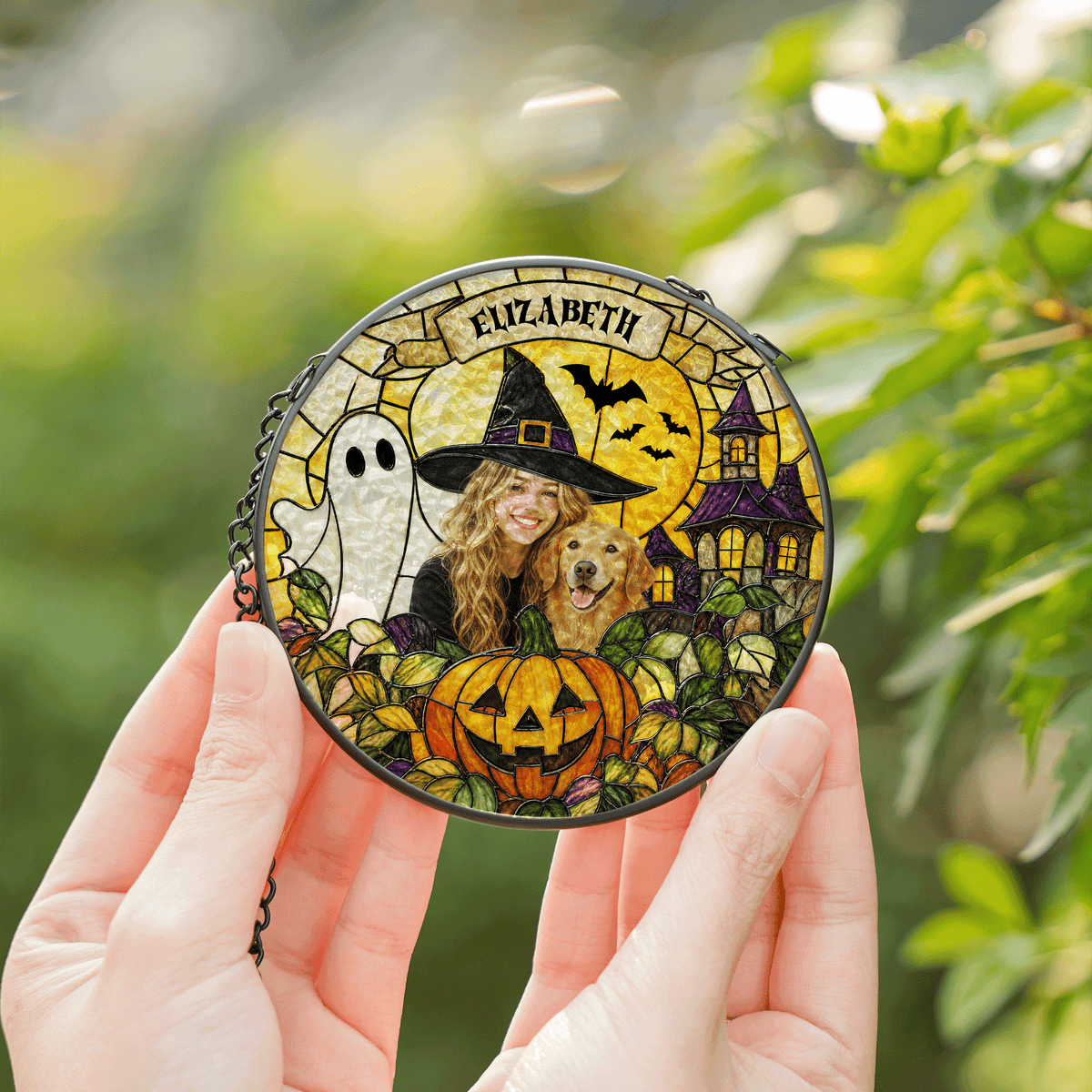 Personalized Halloween Witch Pet Custom Photo Ghost Haunted House Stained Glass Suncatcher Window Hanging Custom Name Home Wall Decor