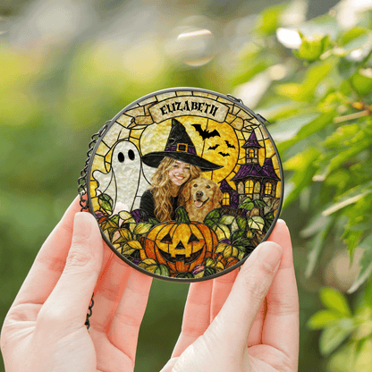 Personalized Halloween Witch Pet Custom Photo Ghost Haunted House Stained Glass Suncatcher Window Hanging Custom Name Home Wall Decor