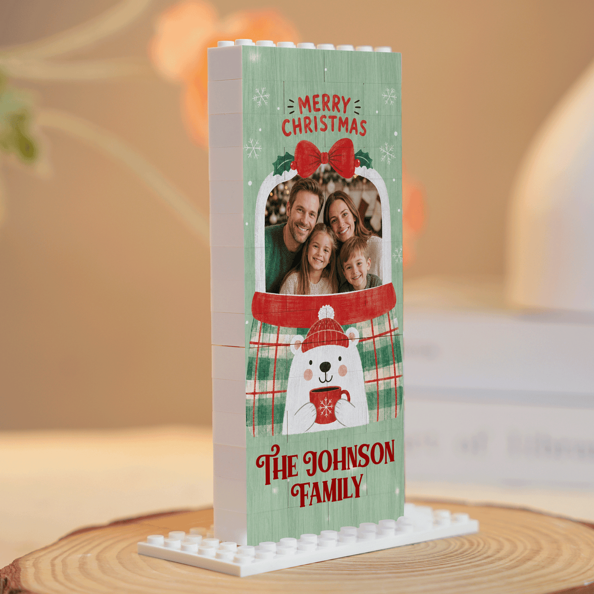 Personalized Photo Christmas Building Block in Vertical Sage Green, Custom Family Name Snow Globe & Polar Bear Brick Puzzle Keepsake Decor, Festive Holiday Desk Gift