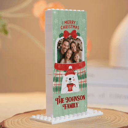 Personalized Photo Christmas Building Block in Vertical Sage Green, Custom Family Name Snow Globe & Polar Bear Brick Puzzle Keepsake Decor, Festive Holiday Desk Gift