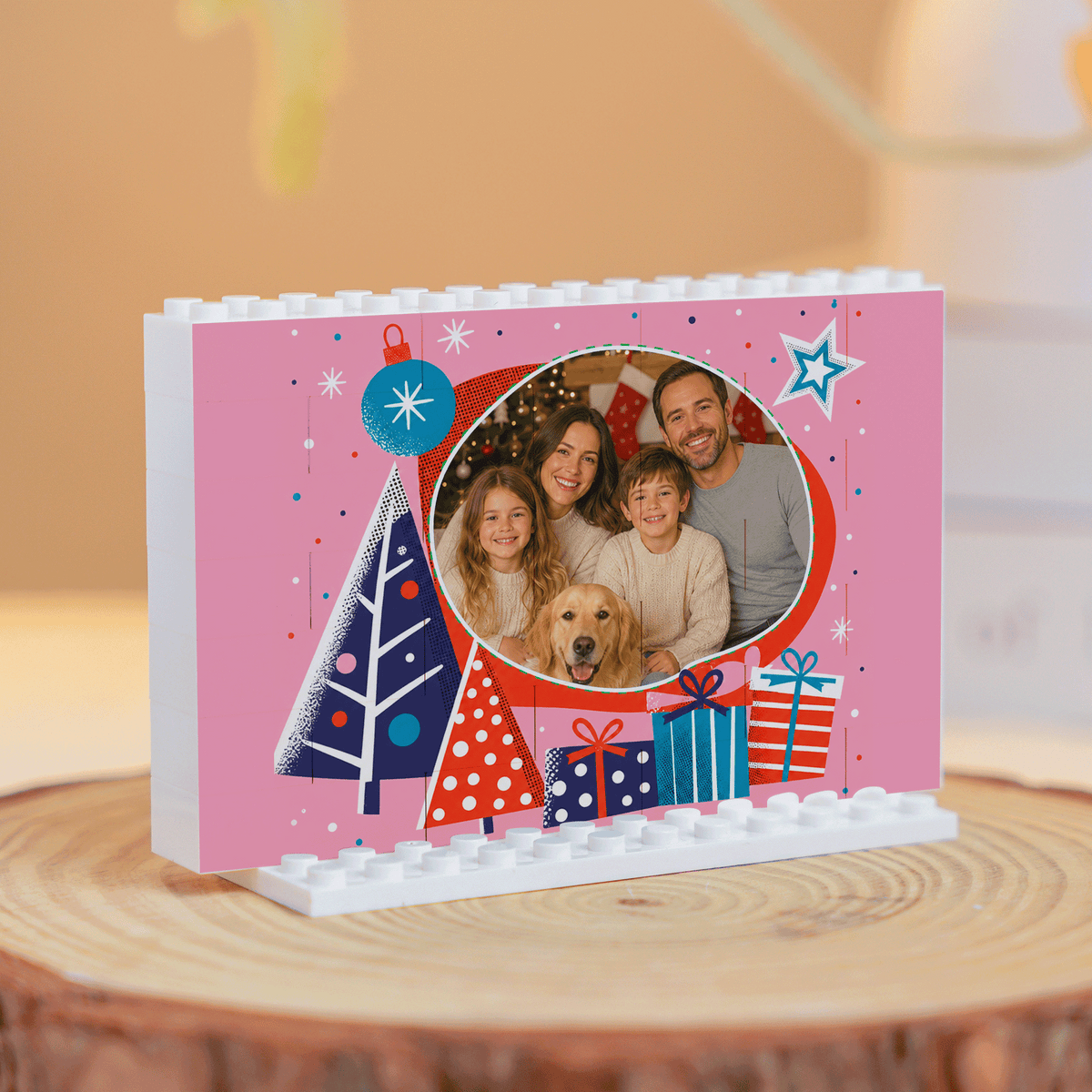 Personalized Photo Christmas Building Block in Bubblegum Pink, Custom Family Picture Modern Xmas Trees & Gift Boxes Brick Puzzle Keepsake Decor, Festive Holiday Desk Gift