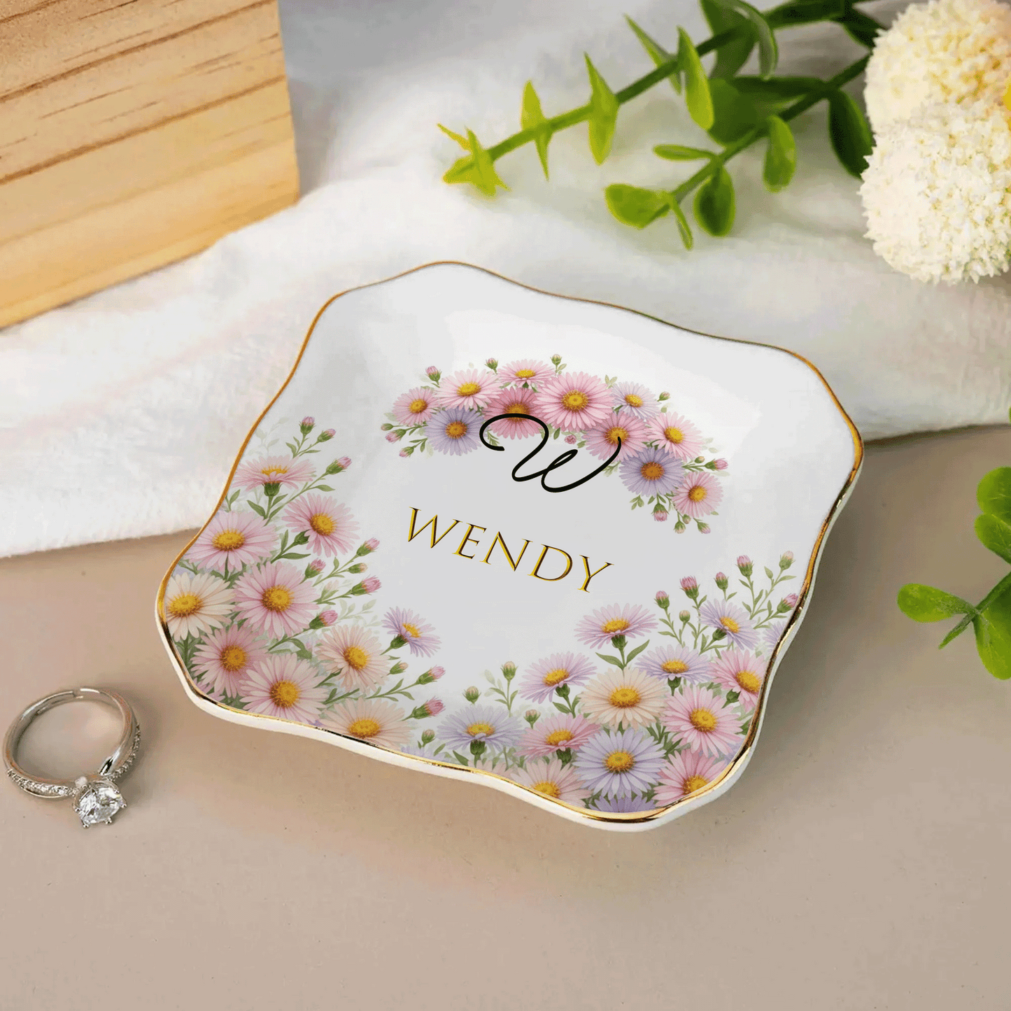 Personalized Birth Month Flower Ring Dish Custom Name Jewelry Trinket Dish