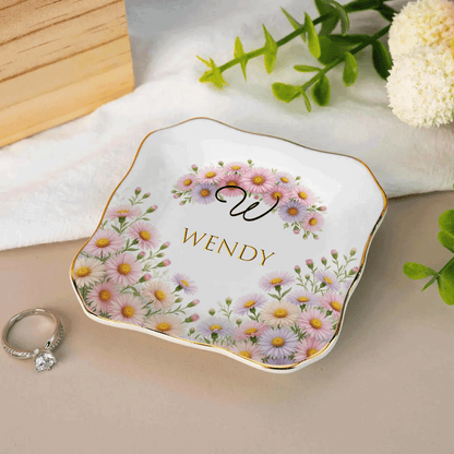 Personalized Birth Month Flower Ring Dish Custom Name Jewelry Trinket Dish