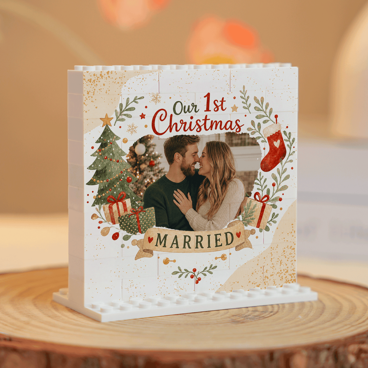 Personalized Photo Christmas Building Block in Cream White, Custom Couple First Christmas Married Photo Watercolor Wreath & Gold Stars Brick Puzzle Keepsake Decor, Holiday Gift for Newlyweds