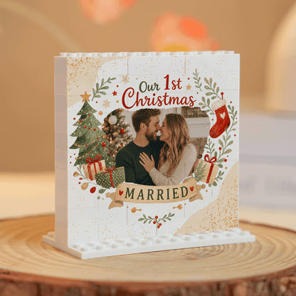 Personalized Photo Christmas Building Block in Cream White, Custom Couple First Christmas Married Photo Watercolor Wreath & Gold Stars Brick Puzzle Keepsake Decor, Holiday Gift for Newlyweds