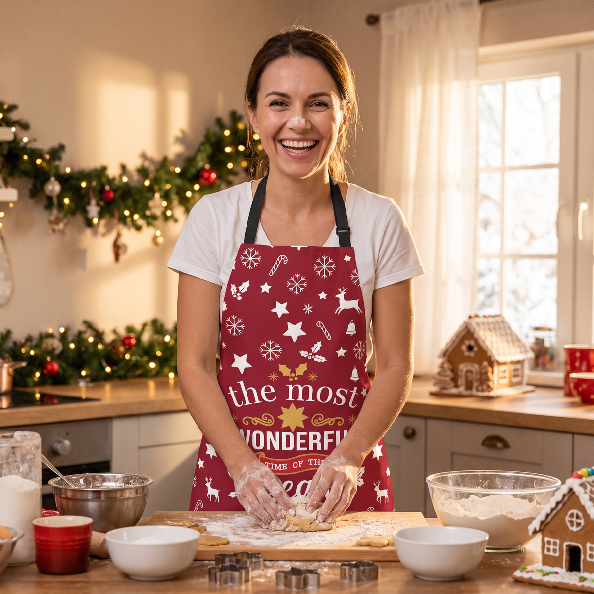 Personalized The Most Wonderful Time of the Year Christmas Apron with Custom Name, Festive Christmas Pattern Baking Apron, Holiday Kitchen Gift for Family