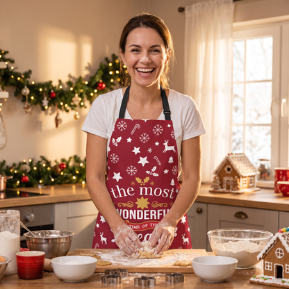 Personalized The Most Wonderful Time of the Year Christmas Apron with Custom Name, Festive Christmas Pattern Baking Apron, Holiday Kitchen Gift for Family