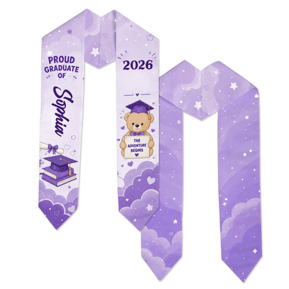Personalized The Adventure Begins Purple Kid Graduation Stole – Custom Name