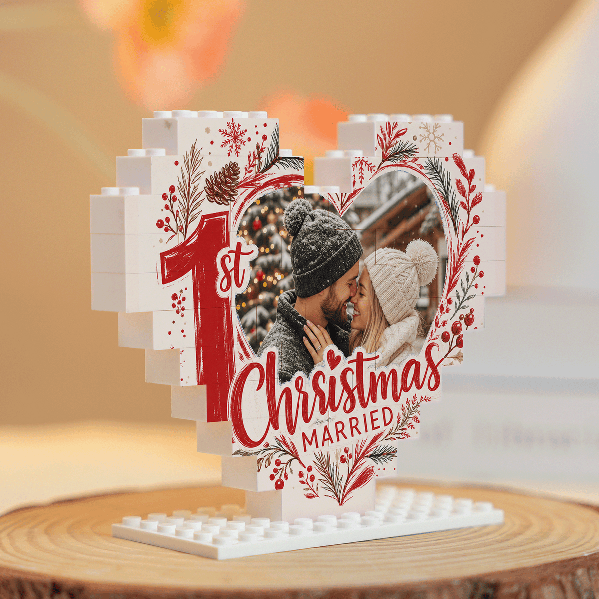 Personalized Photo Christmas Building Block Heart Shape in Cream White, Custom Couple First Christmas Married Photo Red Botanical Wreath Brick Puzzle Keepsake Decor, Holiday Gift for Newlyweds