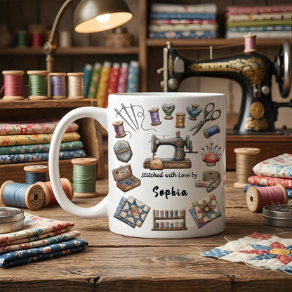 Sewing Love & Thread Design – Personalized Sewing Mom Mug – Mother’s Day Gift for Mom – Custom Name Quilter Mug