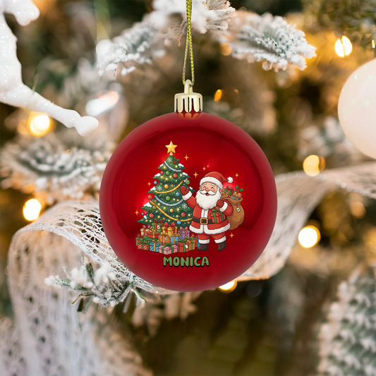 Red ball ornament with Santa Claus and a decorated Christmas tree above a custom name