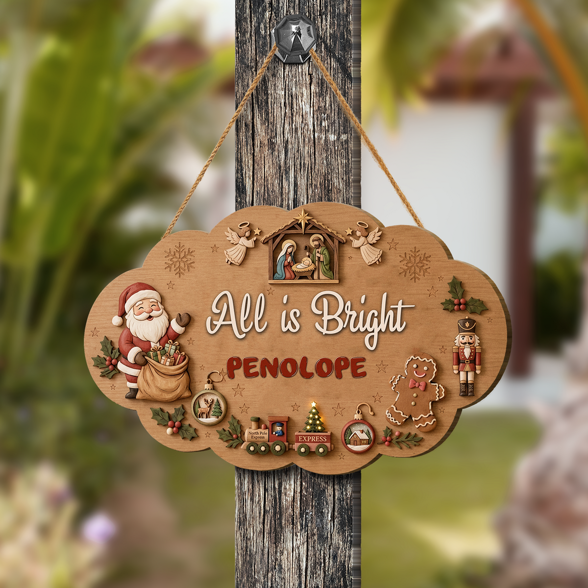 Personalized Nativity & Santa All Is Bright Custom Shape Wood Sign, Custom Family Name Nutcracker Gingerbread Wooden Hanging Plaque, Festive Christmas Door & Wall Decor Family Gift