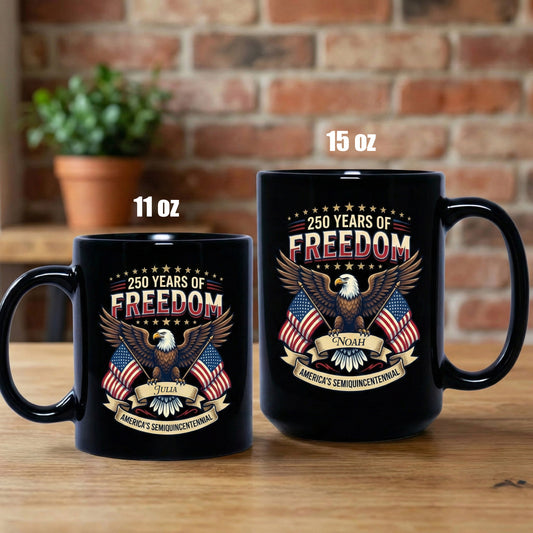 America Eagle 250 Years of Freedom Personalized Black Mug - USA 1776 - 2026 Semiquincentennial Patriotic Mug
