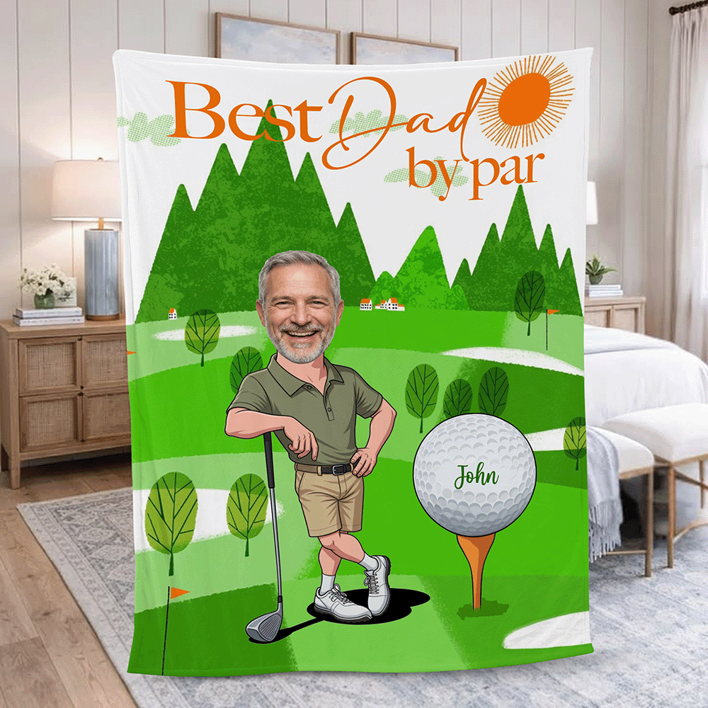 Custom Face Golf Dad Blanket – “Best Dad By Par” Personalized Photo Fleece Throw | Father’s Day Gift for Dad