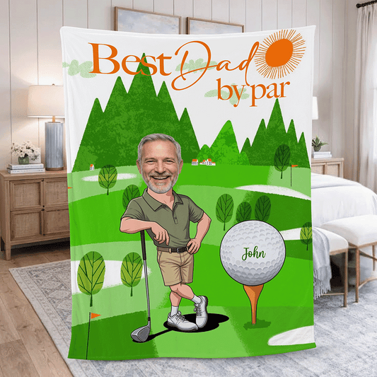 Custom Face Golf Dad Blanket - "Best Dad By Par" Personalized Photo Fleece Throw | Father's Day Gift for Dad