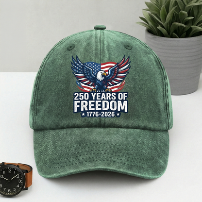 250 Years of Freedom Eagle Washed Denim Baseball Cap – Custom Name Patriotic USA Hat 1776-2026