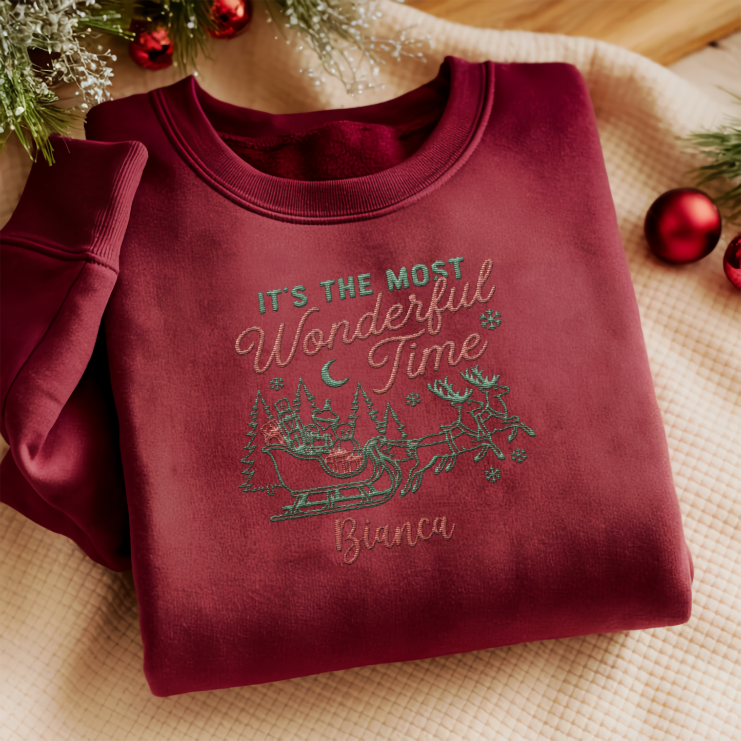 Personalized It's the Most Wonderful Time Christmas Sweatshirt with Custom Name | Vintage Santa Sleigh Holiday Crewneck