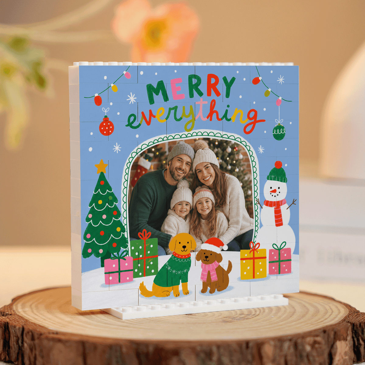 Personalized Photo Christmas Building Block in Sky Blue, Custom Family Picture Cute Dogs & Snowman "Merry Everything" Brick Puzzle Keepsake Decor, Festive Holiday Desk Gift