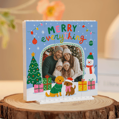 Personalized Photo Christmas Building Block in Sky Blue, Custom Family Picture Cute Dogs & Snowman "Merry Everything" Brick Puzzle Keepsake Decor, Festive Holiday Desk Gift