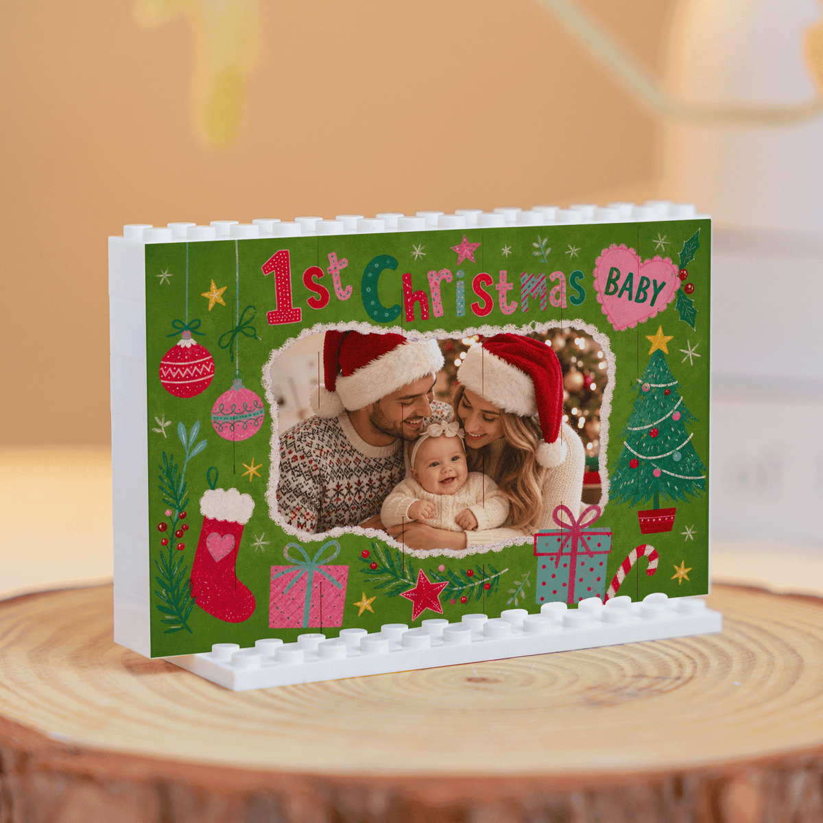 Personalized Photo Christmas Building Block in Forest Green, Custom Baby Picture "Baby's 1st Christmas" Brick Puzzle Keepsake Decor, Festive Holiday Desk Gift