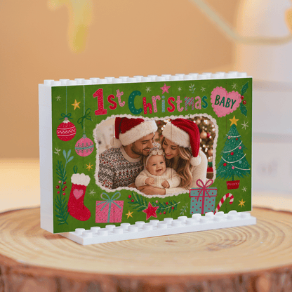 Personalized Photo Christmas Building Block in Forest Green, Custom Baby Picture "Baby's 1st Christmas" Brick Puzzle Keepsake Decor, Festive Holiday Desk Gift