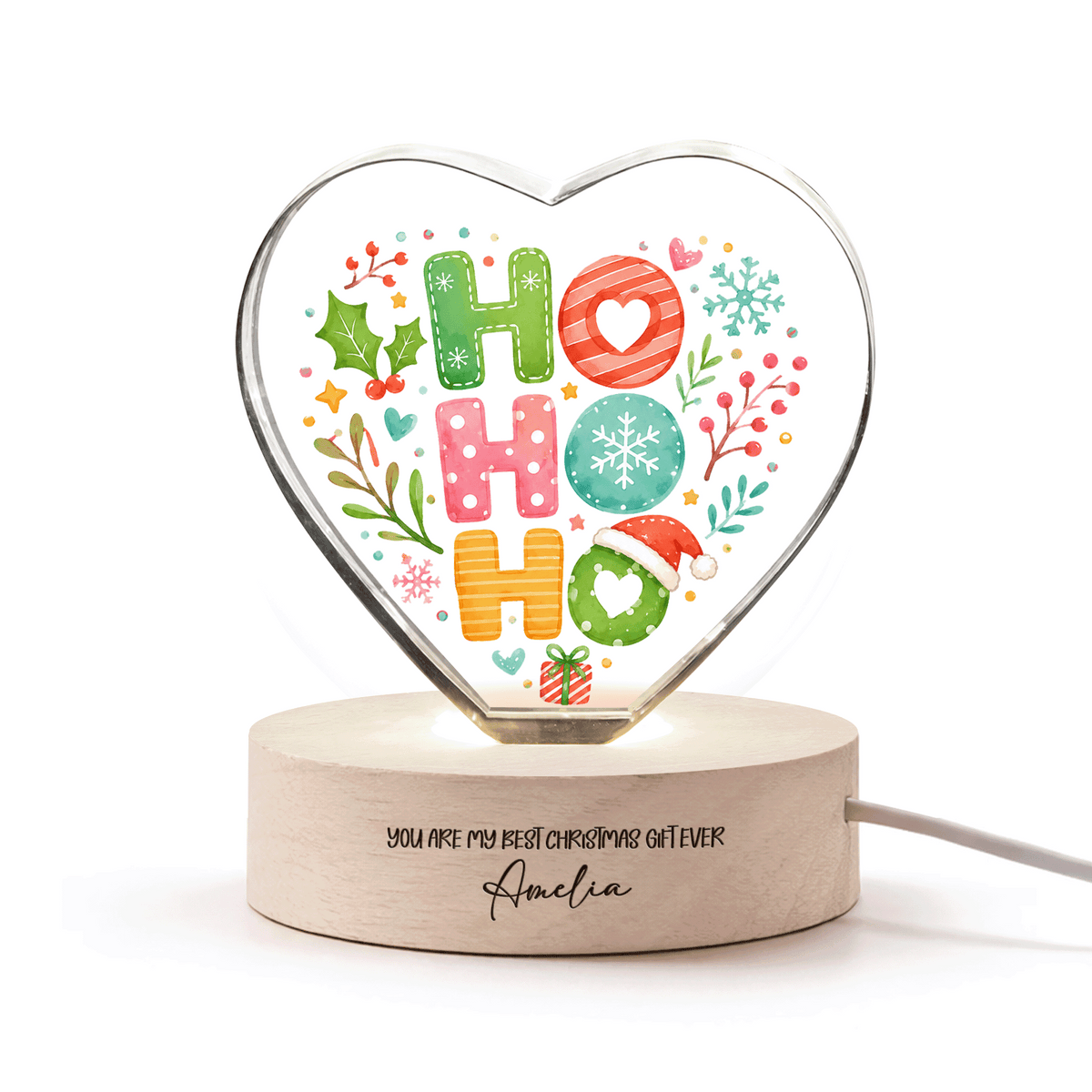 Custom Ho Ho Ho Santa Hat Festive 3D Laser Engraved Crystal Heart with LED Wooden Standee, Personalized Name Holiday Night Light Keepsake