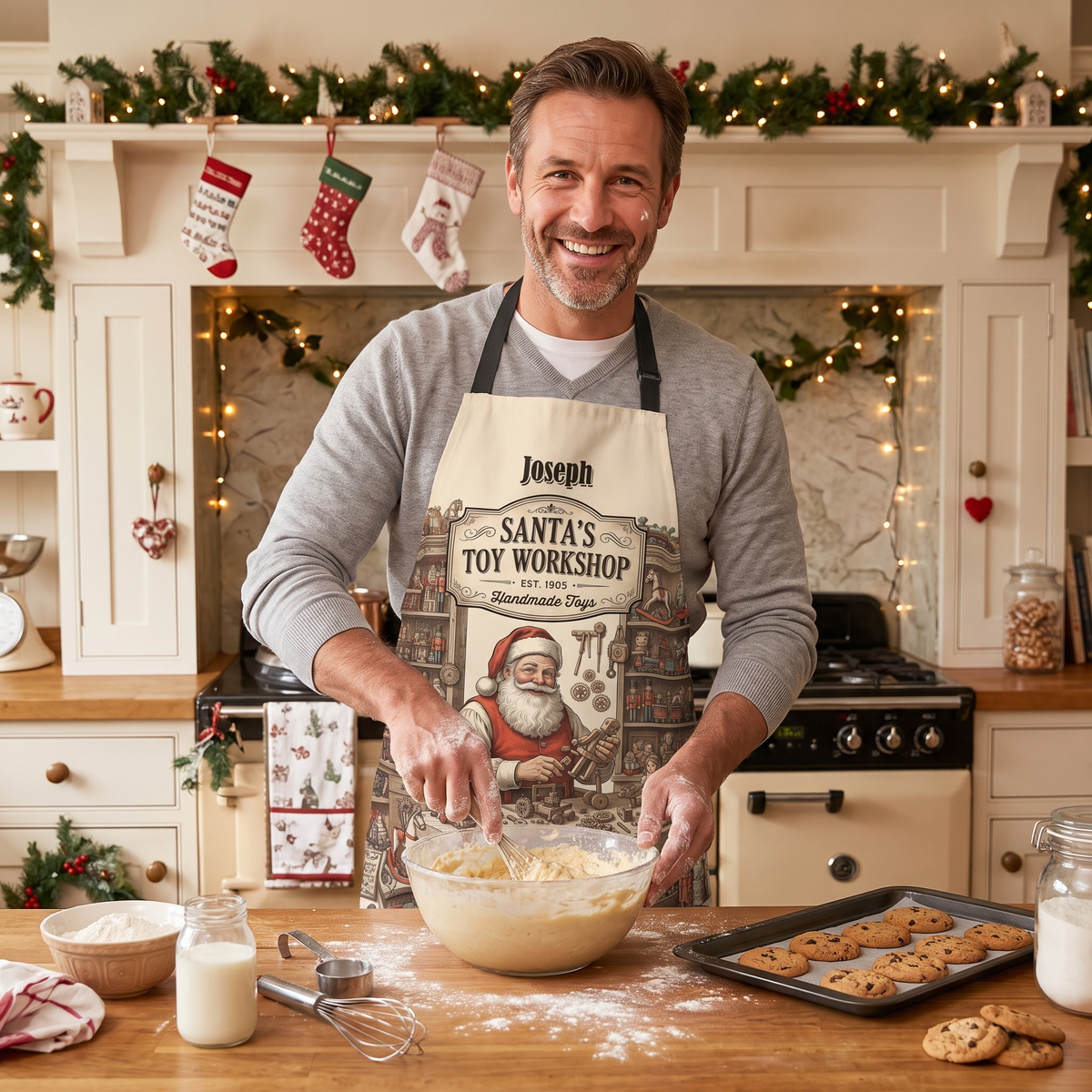 Personalized Santa's Toy Workshop Apron, Custom Name Vintage Christmas Kitchen Cooking Apron