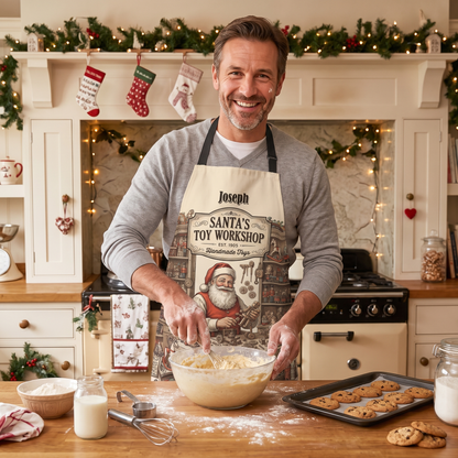 Personalized Santa's Toy Workshop Apron, Custom Name Vintage Christmas Kitchen Cooking Apron