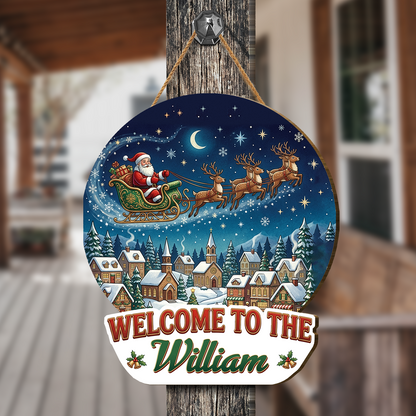 Personalized Santa Flying Sleigh Custom Shape Wood Sign, Custom Family Name Welcome To The Winter Village Wooden Hanging Plaque, Festive Christmas Door & Wall Decor Family Gift